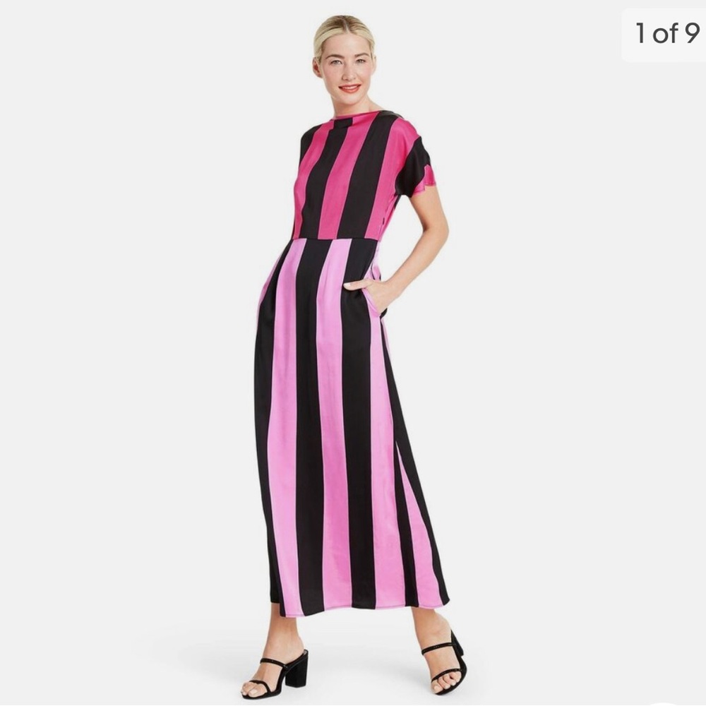 NWT Mixed Stripe Pink Viscose Satin Maxi dress Sz 2